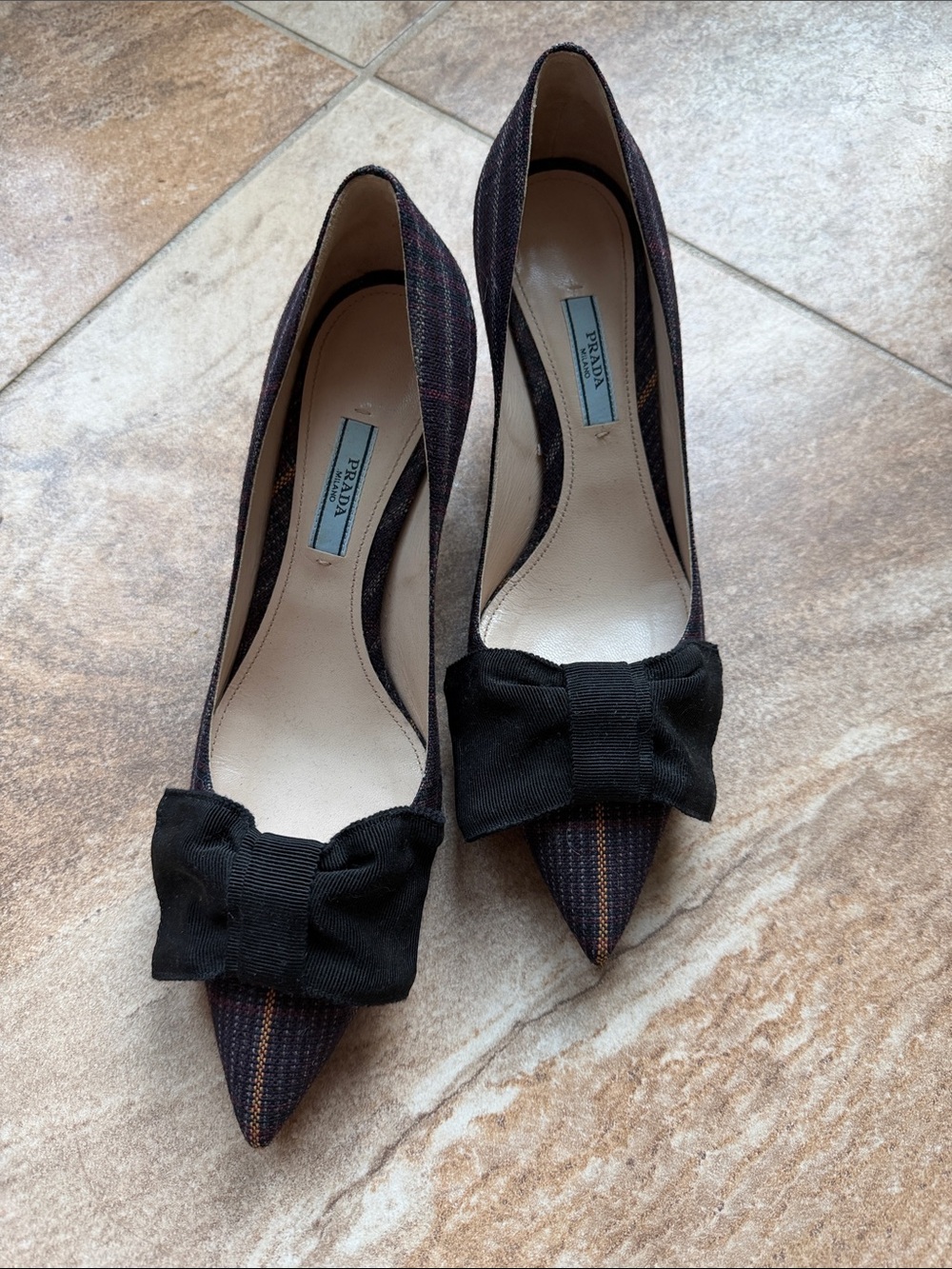 Prada Pointed Toe Tweed Bow Pumps
